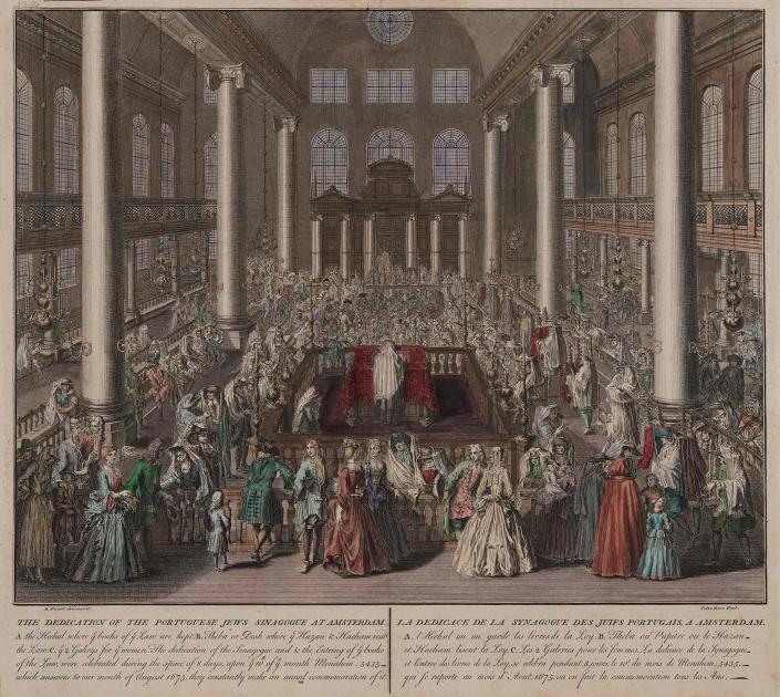 An expansive synagogue with large columns is filled with people engaging in various activities.