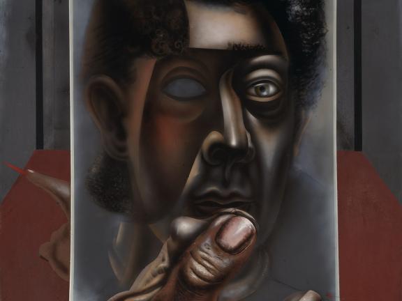 A painting of a man's left hand holding a mirror that reflects his face while his right arm stretches behind the mirror and points into the room in front of him.