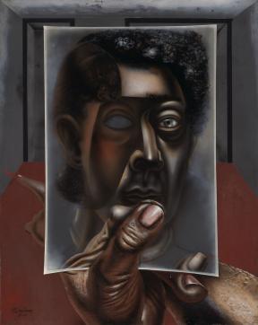 A painting of a man's left hand holding a mirror that reflects his face while his right arm stretches behind the mirror and points into the room in front of him.