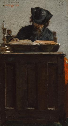 Painting of a man in a hat reading.