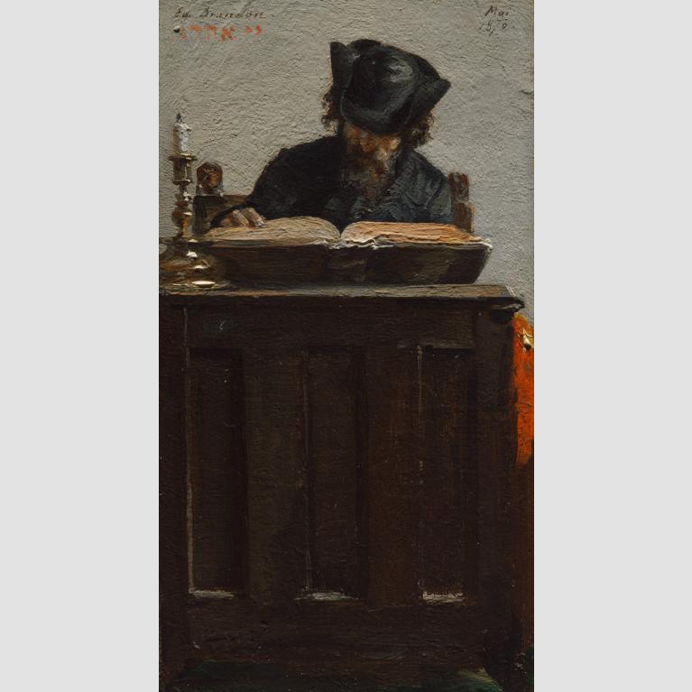 Painting of a man in a hat reading.