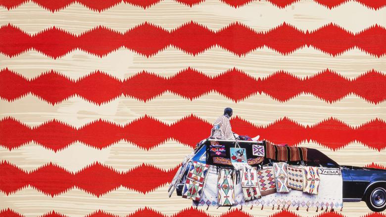 A print with a red-and-white saw-toothed zigzag blanket pattern background overlaid with the image of woman riding on top of a decorated station wagon. 