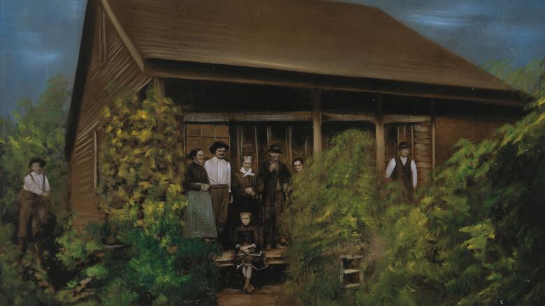 A painting of a group of people standing on the porch of a wooden house surrounded by trees and bushes. 