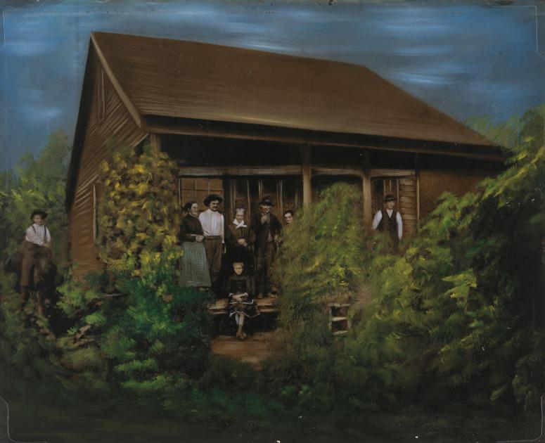 A painting of a group of people standing on the porch of a wooden house surrounded by trees and bushes. 