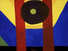 A painting of descending gold, yellow, blue, green, and black shapes are superimposed by two bright red vertical lines and a reddish-brown oval dotted with a green circle. 