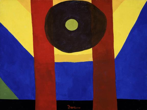 A painting of descending gold, yellow, blue, green, and black shapes are superimposed by two bright red vertical lines and a reddish-brown oval dotted with a green circle. 