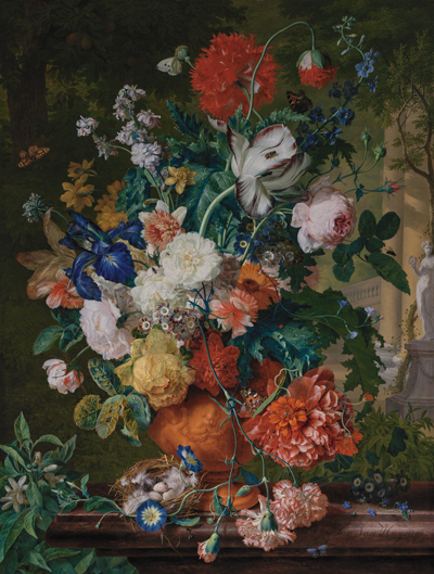 Highly detailed painting in oils of many different types of flowers in a vase
