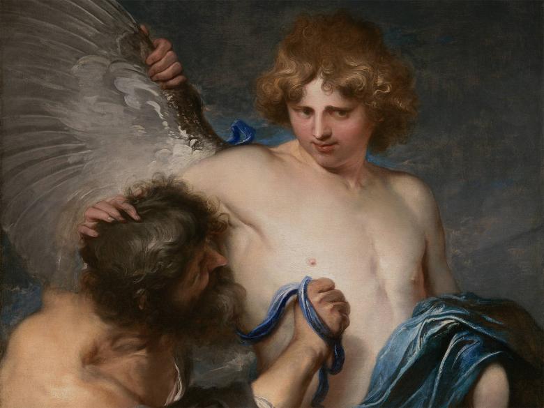 Oil painting of a man with wings and another man in front of him