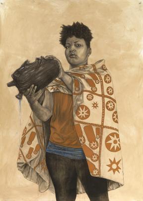 A drawing of a young person with a patterened cloth around their shoulders like a cape, pouring liquid out of a jug. 