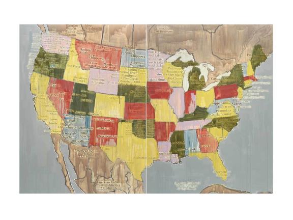 Map of the United States of America in washed primary colors with names of Indigenous tribal nations in place of Western place names.