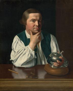 Paul Revere is shown half-length, seated behind a highly polished table, and casually attired. He cradles his chin in his right hand and regards the viewer as if he has just looked up from the teapot in his left hand