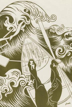 A print of a wave overtaking a man falling out of his small wooden rowboat