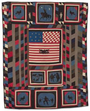 Red, white, blue, black and brown quilt with American flag and scenes of soldiers and animals.