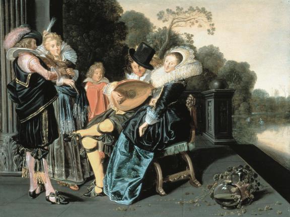 A painting of five grandiosely-dressed people playing instruments near a body of water. 