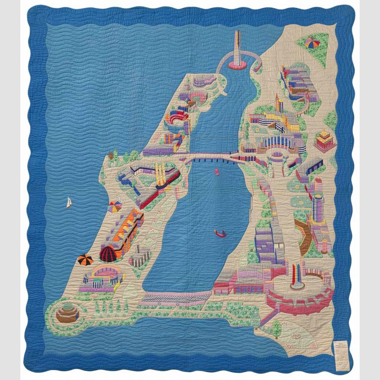 Multi colored quilt depicting a map and assorted objects