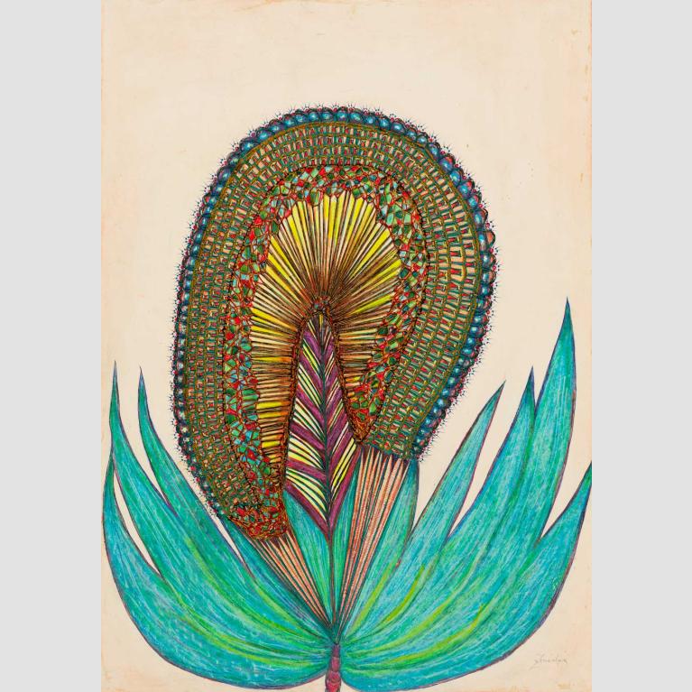 A mixed media artwork of a blooming plant.