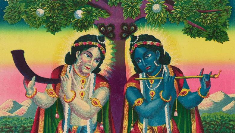 Detail of colorful Hindu print of two women in contrasting clothes and skin color, both holding wind instruments and standing on either side of a fruit tree, with a field, mountains, and bright sky with blues, yellows, and pinks in the background
