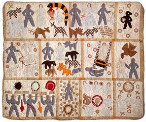 Colorful quilt made of multiple squares with figures and animals.