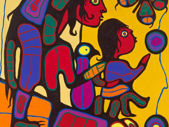 A colorful painting of two human figures, a bird, and a bear surrounded by butterflies.