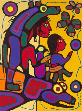 A colorful painting of two human figures, a bird, and a bear surrounded by butterflies.