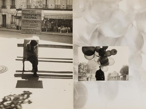 Black-and-white photographs layered on top of one another; on left, photograph of person sitting on bench cross-legged; on right, photograph of person folding large bundle of balloons