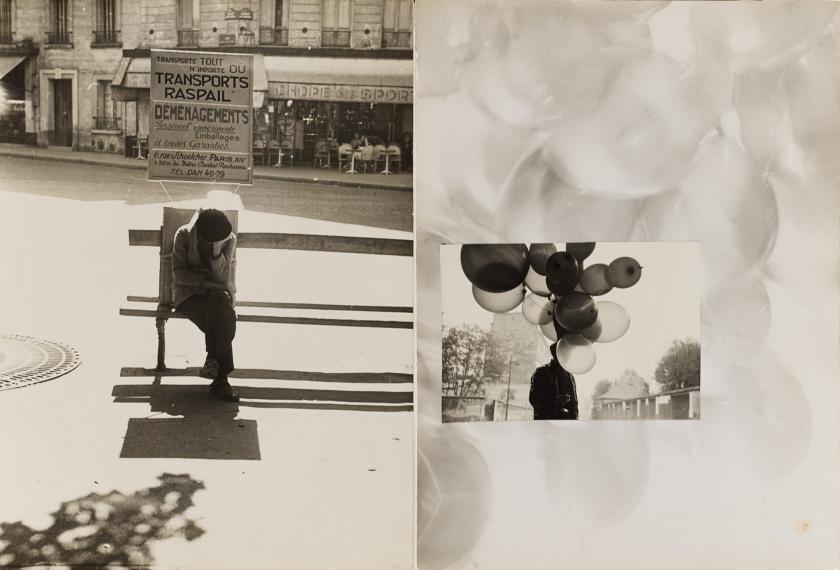 Black-and-white photographs layered on top of one another; on left, photograph of person sitting on bench cross-legged; on right, photograph of person folding large bundle of balloons