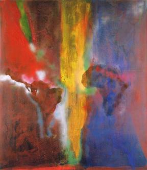 An abstract painting in the colors of black, red, green, yellow, and blue, with imagery of the continents of South America and Africa.