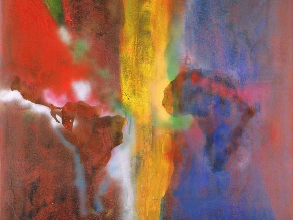 An abstract painting in the colors of black, red, green, yellow, and blue, with imagery of the continents of South America and Africa.