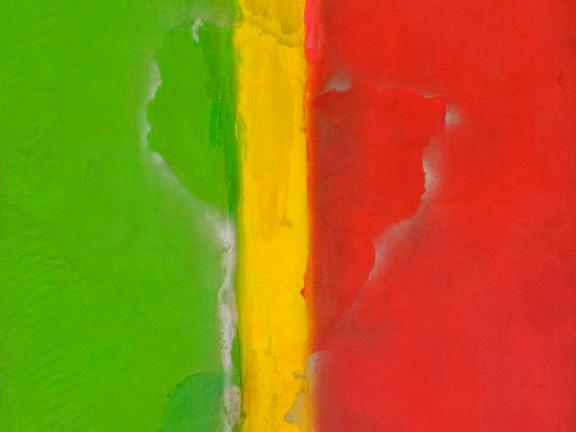A painting of bright green, yellow, and red vertical stripes with a faint outline of South America in the middle.