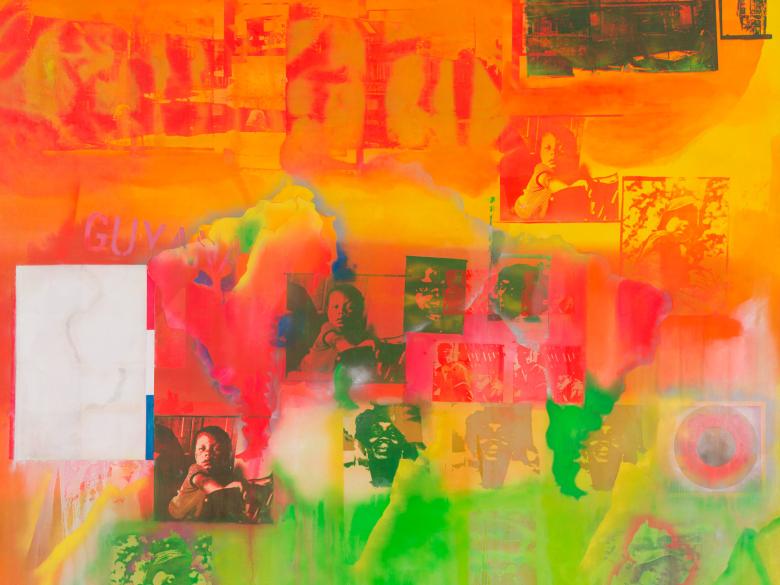 An abstract painting of bright oranges, yellows, pinks, and greens with different, repeating images.