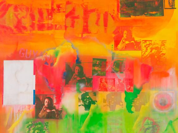 An abstract painting of bright oranges, yellows, pinks, and greens with different, repeating images.