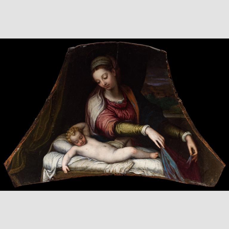 A painting of the Virgin Mary pulling a blanket over the sleeping Christ Child. 