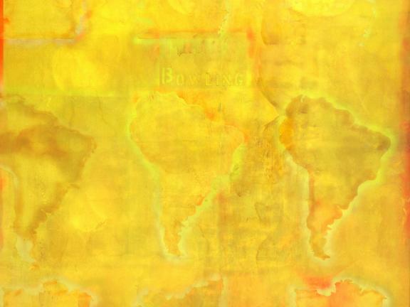 A bright yellow painting with the outline of South America repeating through it.