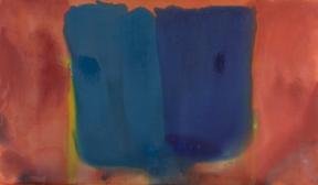 An abstract painting of a two-toned swath of blue against a red and yellow background.