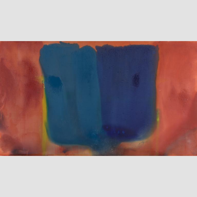 An abstract painting of a two-toned swath of blue against a red and yellow background.