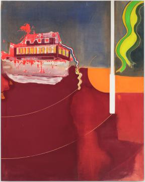 A painting with a maroon and orange house on the left and a squiggle of different shades of green on the right.