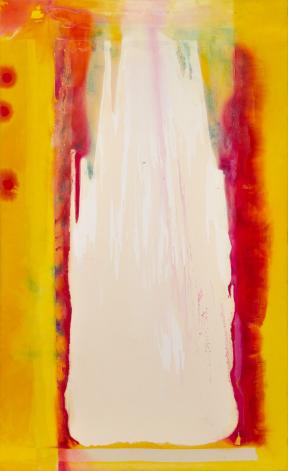 An abstract painting of yellow and red with a splash of white in the middle.