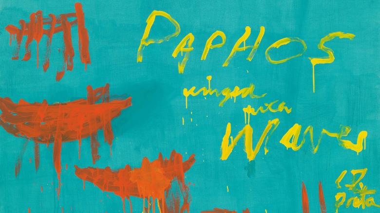 Abstract orange vessels in the shape of a half moon hover over a teal background. In the top right, crude yellow handwriting reads "Leaving Paphos Ringed by Waves."