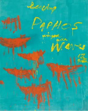 A bright blue painting with orange details and the words "Leaving Paphos Ringed with Waves" in yellow.