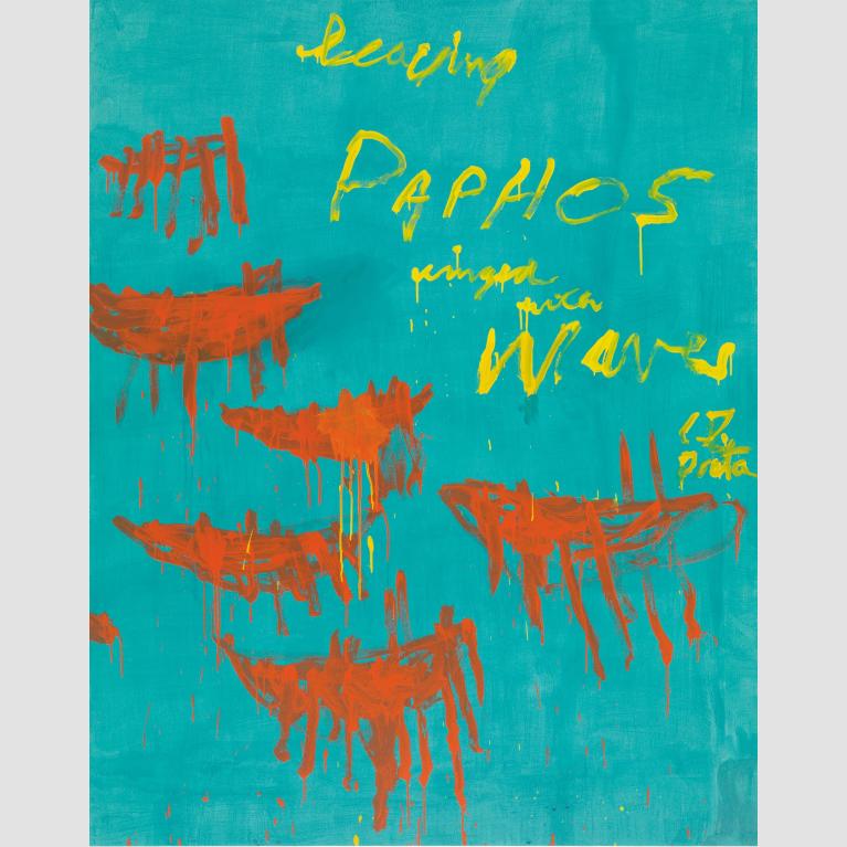 A bright blue painting with orange details and the words "Leaving Paphos Ringed with Waves" in yellow.