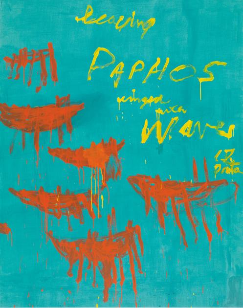 Abstract orange vessels in the shape of a half moon hover over a teal background. In the top right, crude yellow handwriting reads "Leaving Paphos Ringed by Waves."