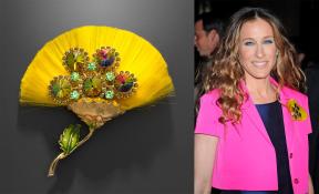 A yellow brooch studded with jewels on the left and actress Sarah Jessica Parker wearing the brooch to a move premiere on the right. 