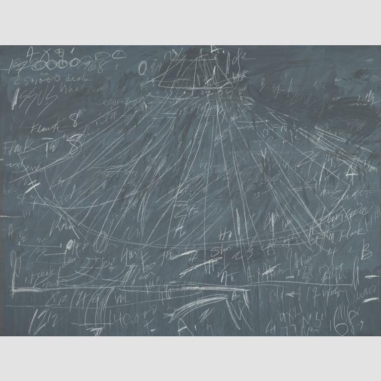 An artwork with a blue-gray background and white scribblings that gives the impression of a chalkboard. 
