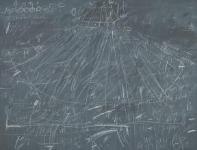 An artwork with a blue-gray background and white scribblings that gives the impression of a chalkboard. 