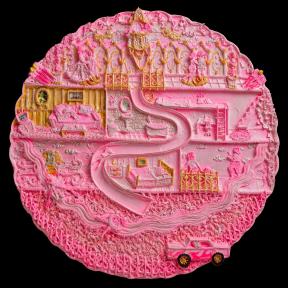A circular pink acrylic collage of the inside of a house with gold details. 