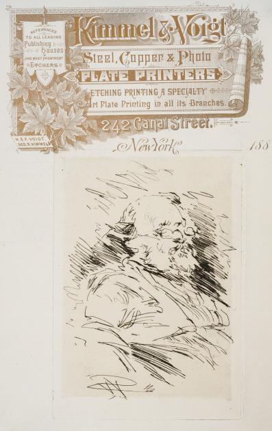 A crude etching of a man with glasses. 