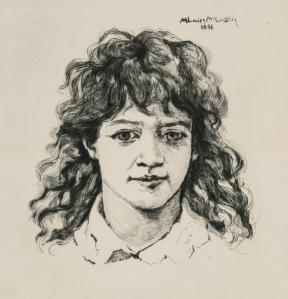 A graphite drawing of a girl from the shoulders up. 