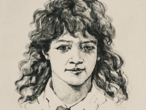 A graphite drawing of a girl from the shoulders up. 