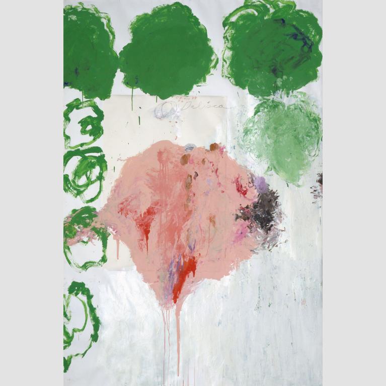 A patch of pink paint in the middle of a canvas surrounded by smaller green patches and the word Odalisca.