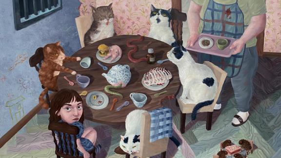 A painting of a person holding a tray and standing next to five cats and a young person sitting around a table.